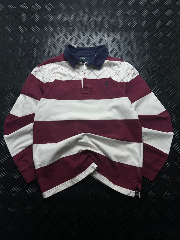 Vista frontal de polo ralph lauren rugby rayas granate