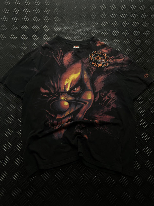 Vista frontal de camiseta harley-davidson clown vintage