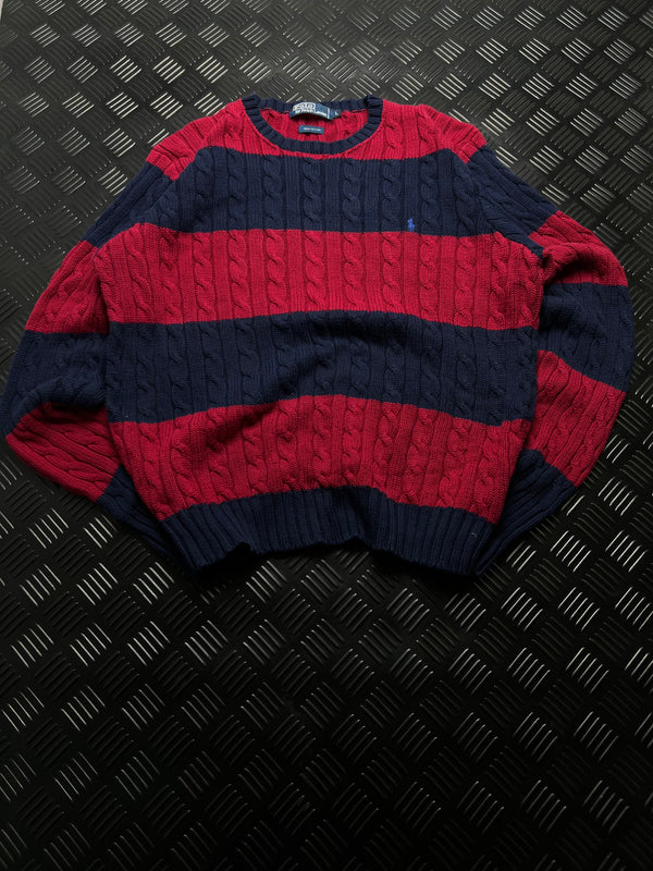 Jersey Polo Ralph Lauren trenzado de rayas rojas y azul marino