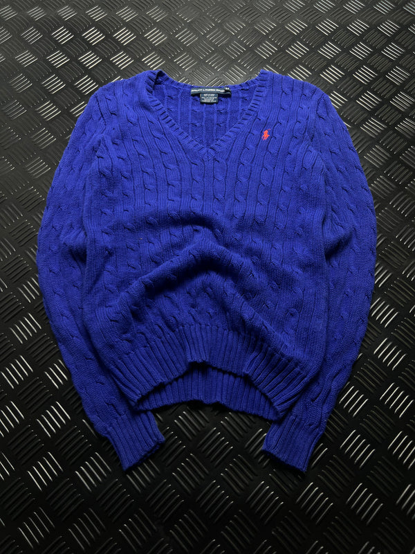 Jersey Ralph Lauren azul trenzado con cuello de pico