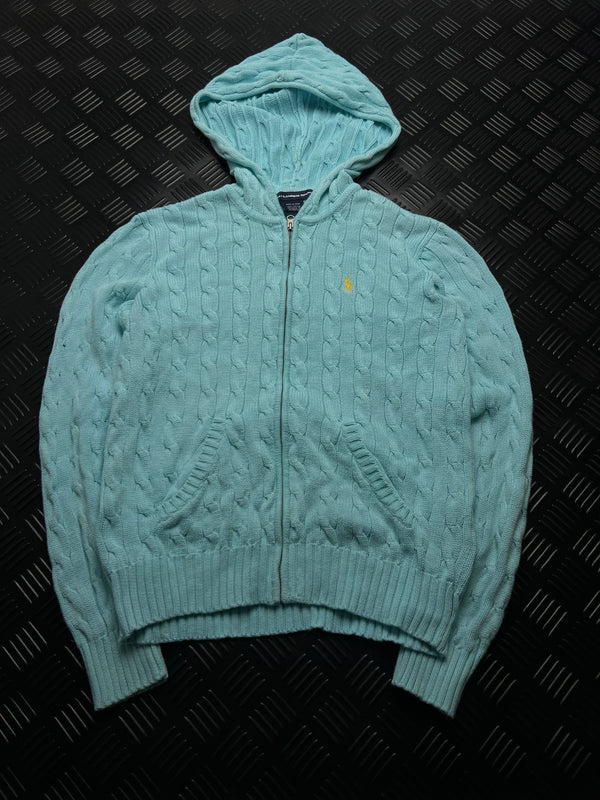 Chaqueta de punto Ralph Lauren turquesa trenzada con capucha