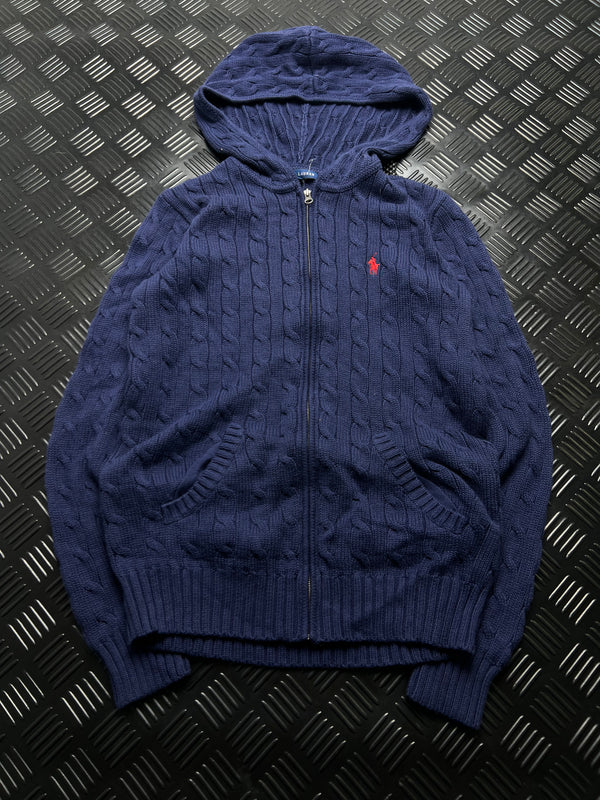 Chaqueta de punto Ralph Lauren azul marino trenzada con capucha