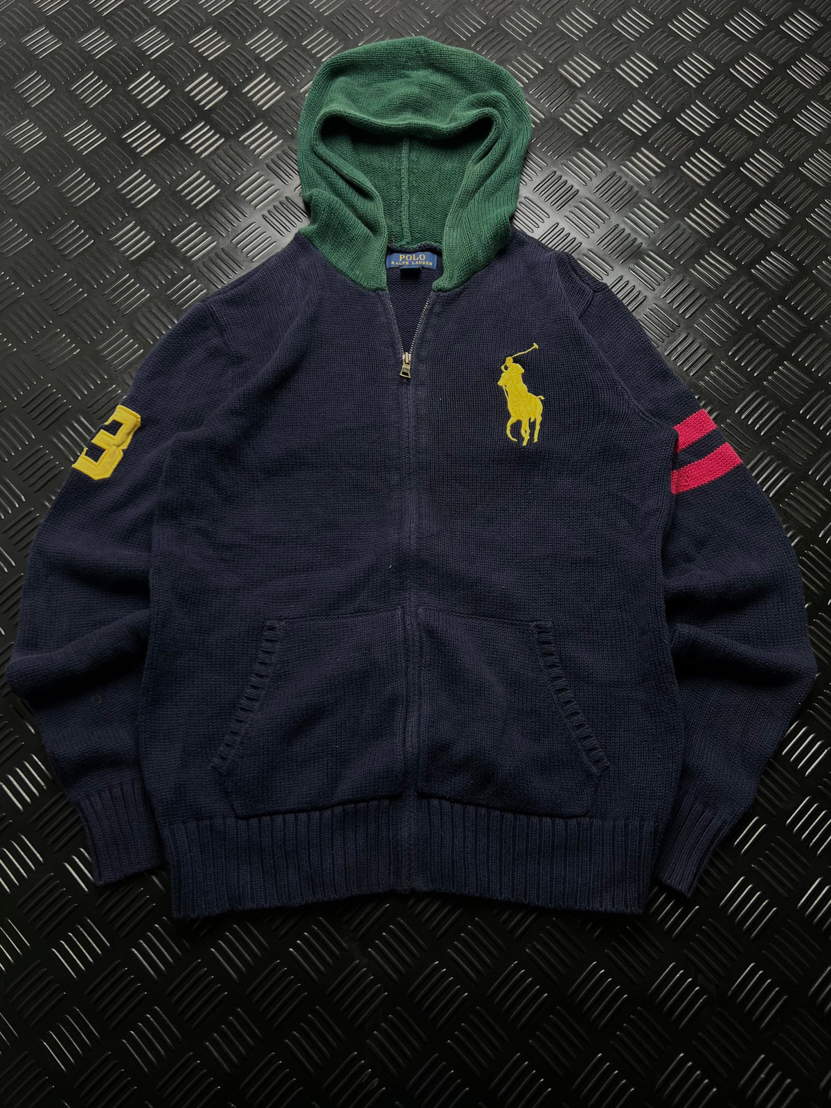 Polo Ralph Lauren: Chaqueta de punto azul marino con capucha verde y zip