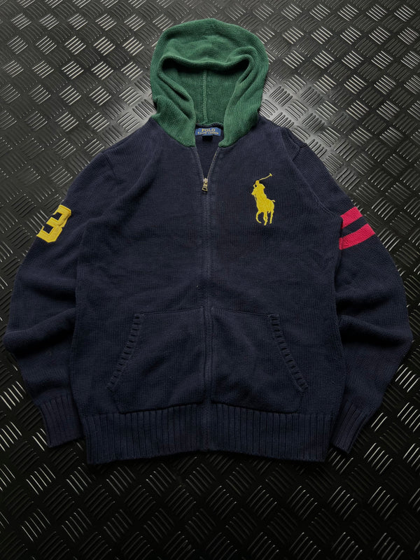 Polo Ralph Lauren: Chaqueta de punto azul marino con capucha verde y zip