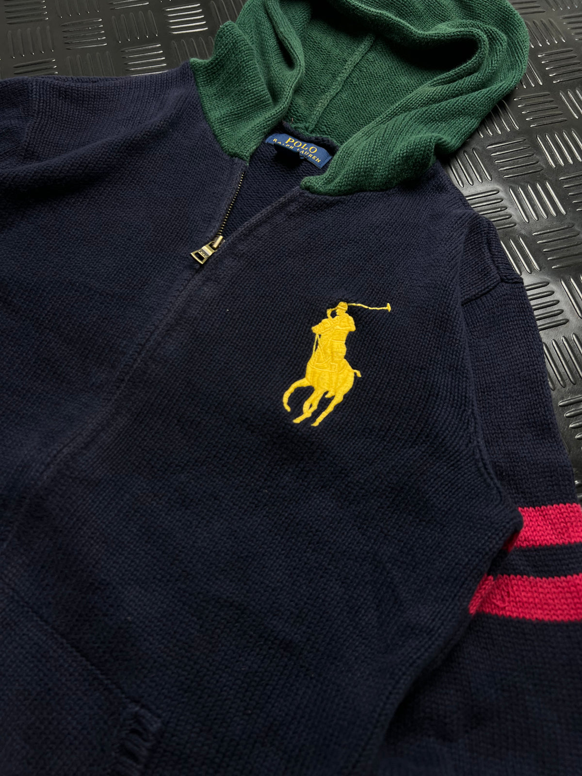 Polo Ralph Lauren: Chaqueta de punto azul marino con capucha verde y zip