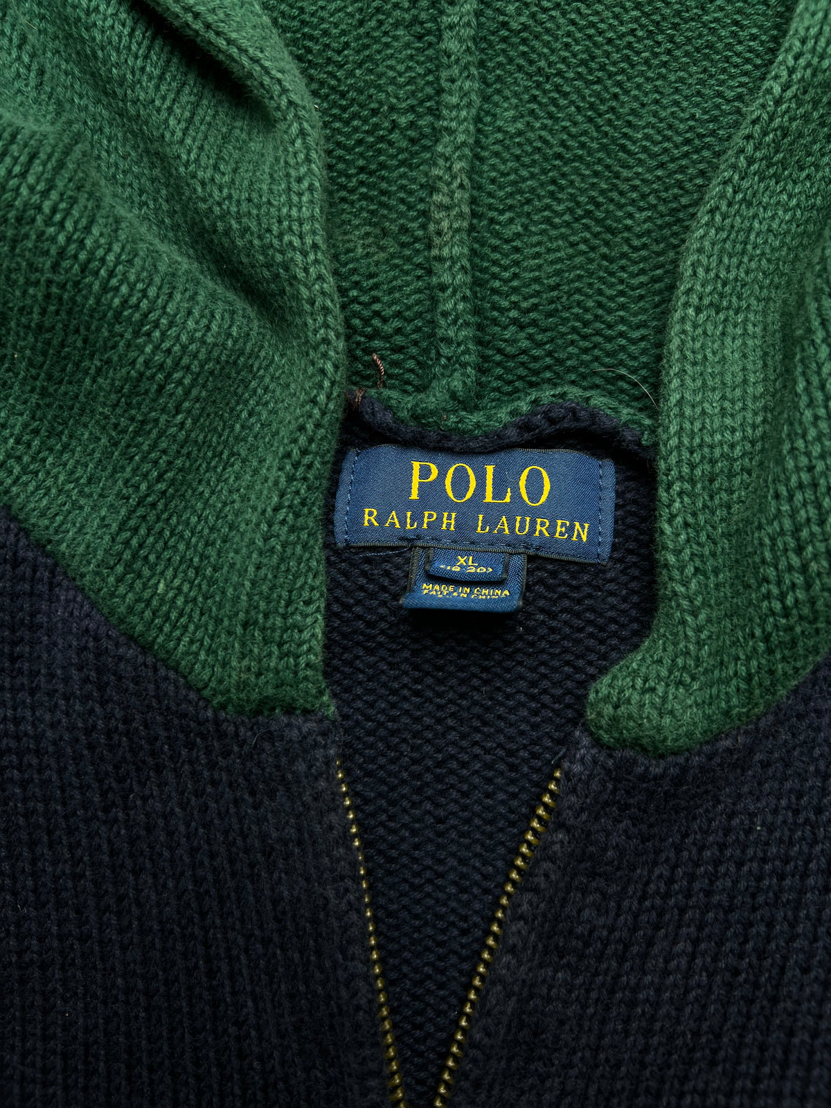 Polo Ralph Lauren: Chaqueta de punto azul marino con capucha verde y zip