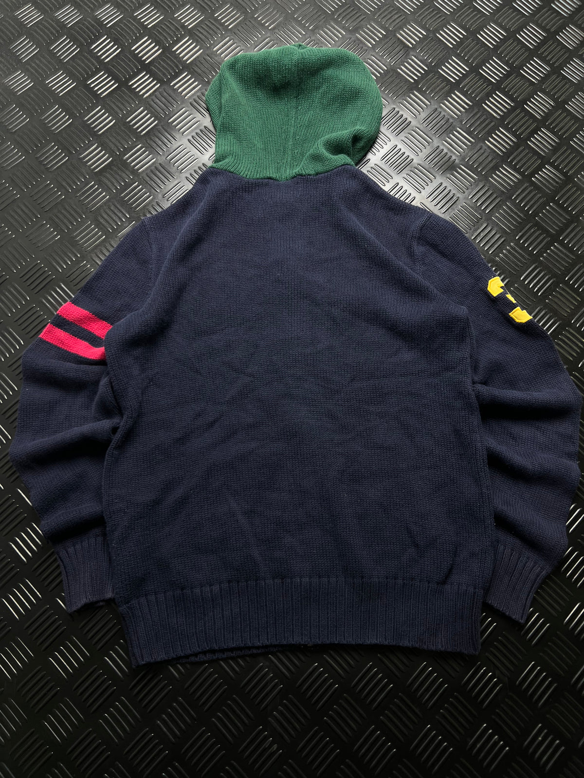 Polo Ralph Lauren: Chaqueta de punto azul marino con capucha verde y zip