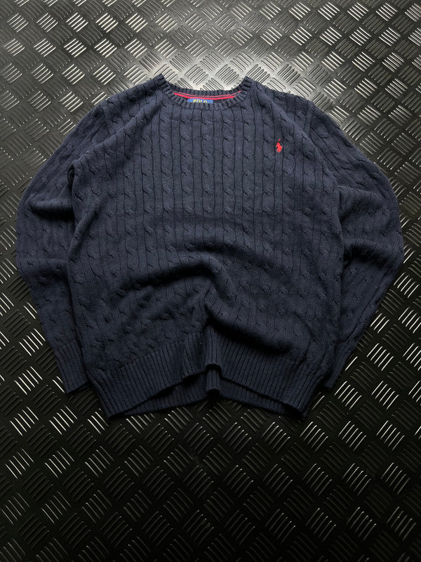Polo Ralph Lauren: Jersey trenzado azul marino con logo rojo