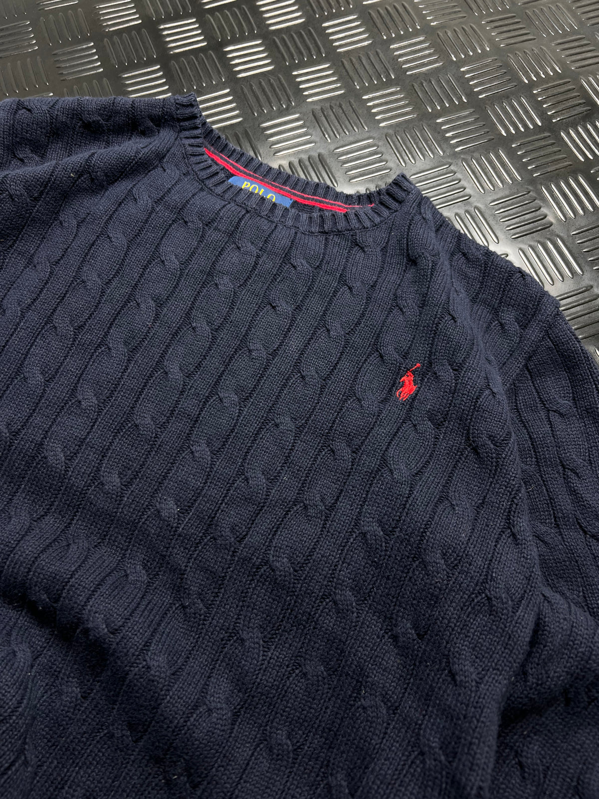 Polo Ralph Lauren: Jersey trenzado azul marino con logo rojo