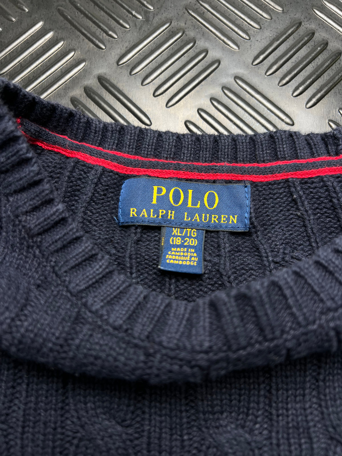 Polo Ralph Lauren: Jersey trenzado azul marino con logo rojo